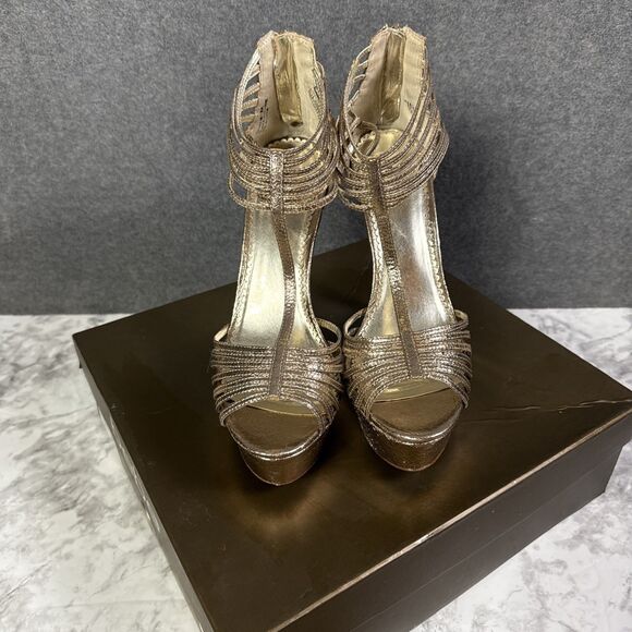 BEBE Celia Lace Wedge Platform Sandal Heels - Size 9 Medium - Gold - Picture 2 of 6